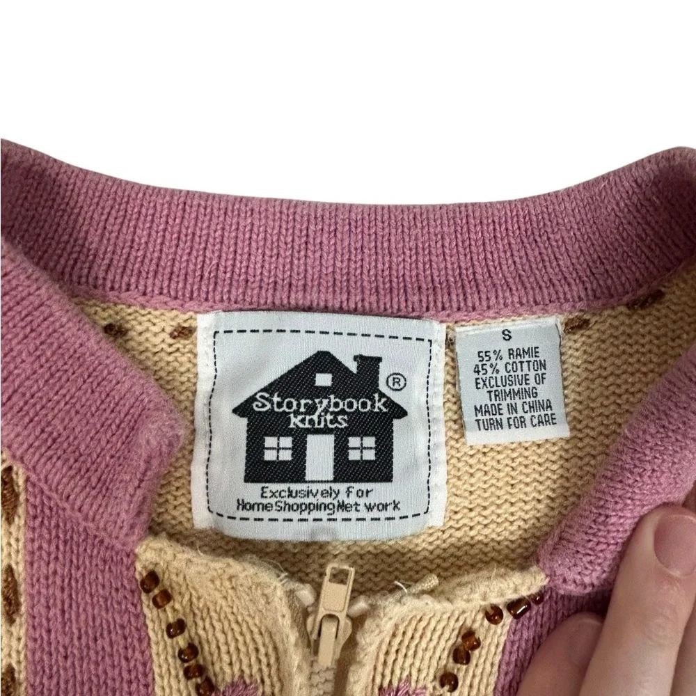 Storybook Knits Irresistible Floral Sweater Zip Neck Nordic Beige Sz Small Vtg - Picture 8 of 12